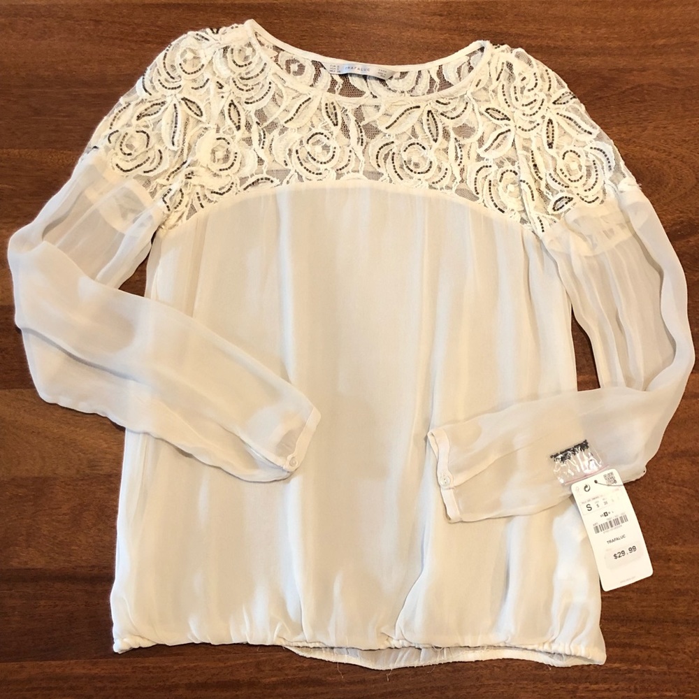 Zara Chiffon Blouse with Lace and Beads NWT